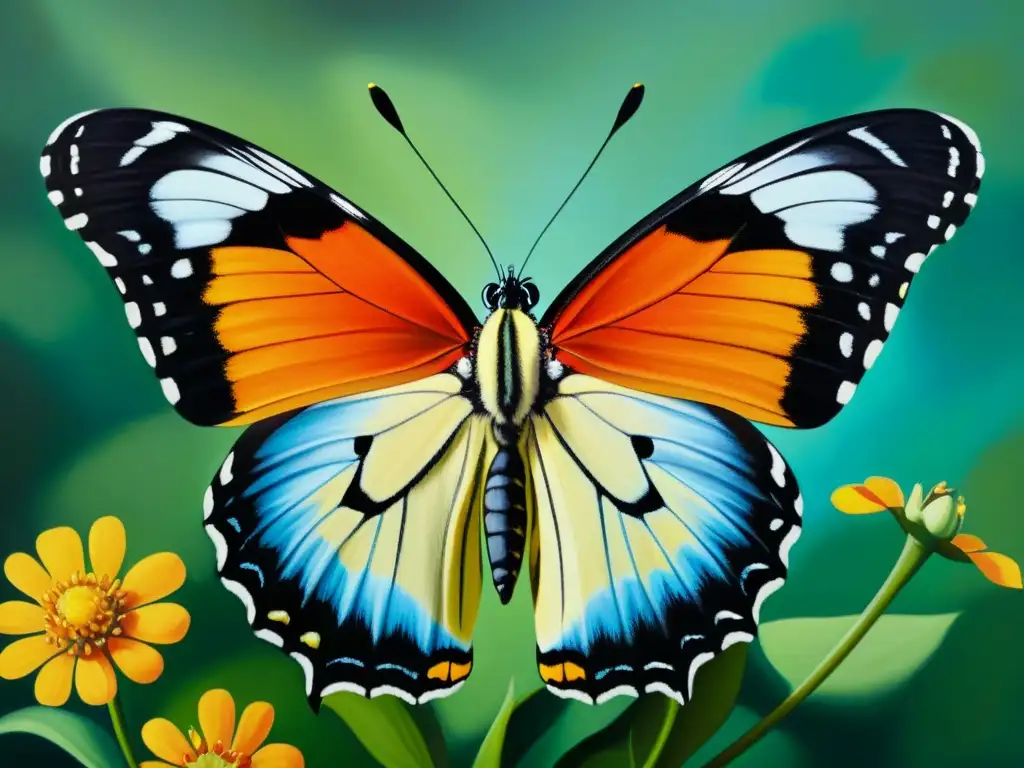 Una hermosa representación de insectos en pintura clásica, con una mariposa posada en una flor vibrante, detallada y colorida