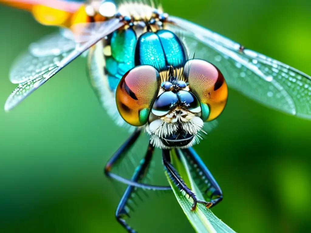 Una hermosa libélula iridiscente sobre una brizna de hierba, capturada con técnicas de fotografía de insectos, resaltando su belleza única