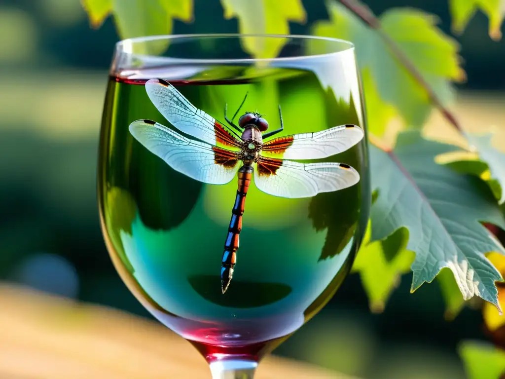 Una hermosa libélula iridiscente posada en una copa de vino tinto, creando un maridaje de insectos con vinos de ensueño