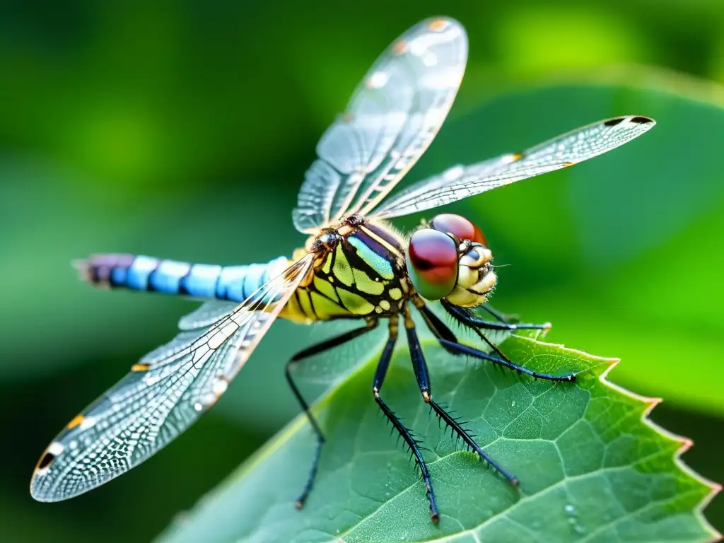 Una hermosa libélula posada en una hoja, con sus intrincadas alas en detalle y el sistema circulatorio abierto insectos visibles