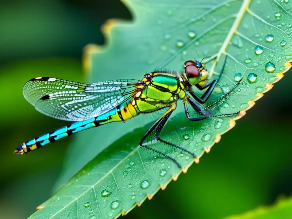 Una hermosa libélula verde reposa sobre una hoja, desplegando sus alas iridiscentes