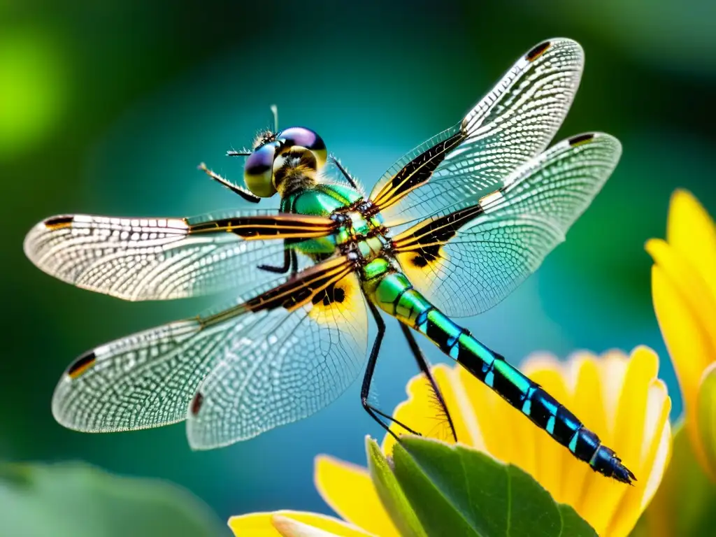 Una hermosa libélula verde y negra posada en un pétalo de flor, con sus alas iridiscentes brillando bajo el sol