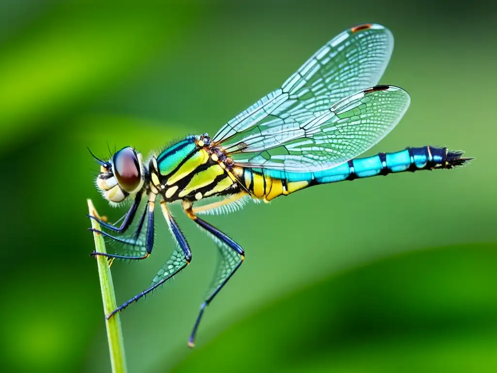 Una hermosa libélula verde y negra posada en una brizna de hierba, capturada en un impresionante primer plano