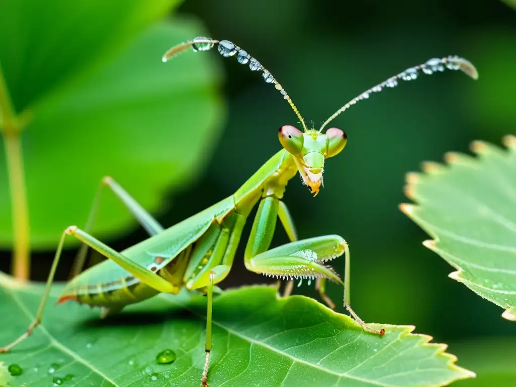 Una hermosa mantis religiosa verde en una hoja, con detalles de sus ojos compuestos y alas