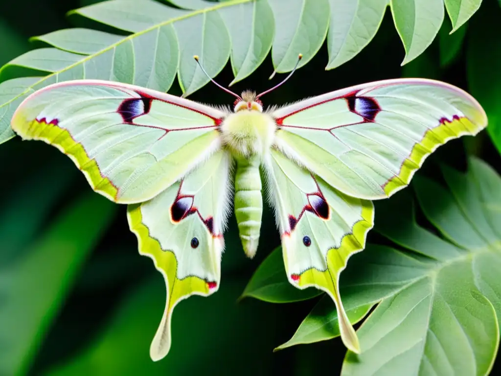 Una hermosa mariposa Luna descansando en una hoja verde, mostrando sus detalles y colores vibrantes