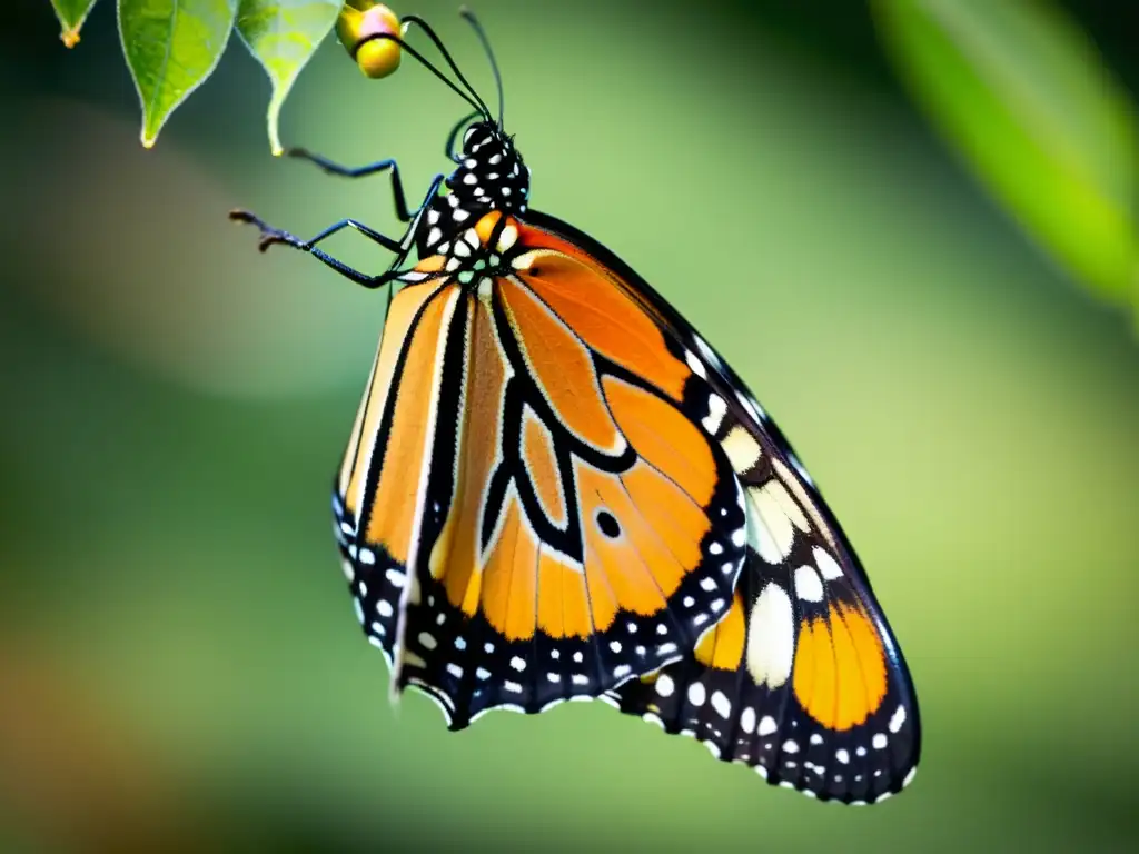 Una hermosa mariposa monarca emerge de su crisálida, con detalles delicados en sus alas y cuerpo, bajo la suave luz del sol