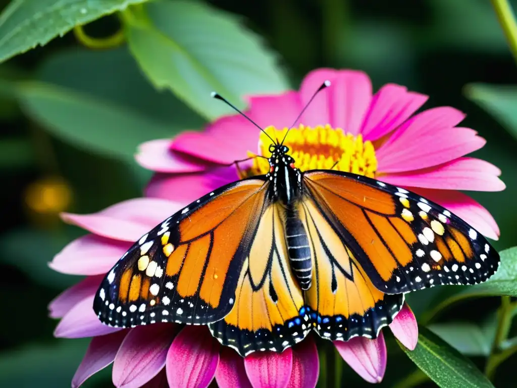 Una hermosa mariposa monarca disfrutando de su especialización alimentaria lepidópteros en una flor magenta vibrante