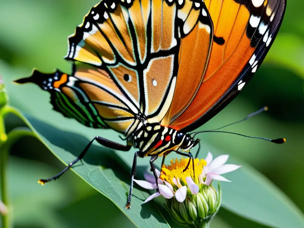 Una hermosa mariposa monarca polinizando una flor de algodoncillo, resaltando la importancia de las mariposas en la diversidad genética