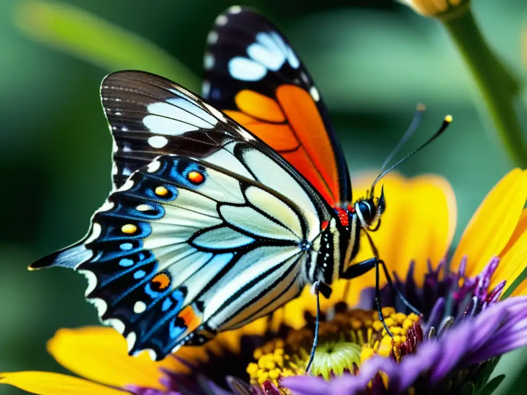 'Una hermosa mariposa posada en una flor vibrante, con detalles detallados de sus alas y antenas