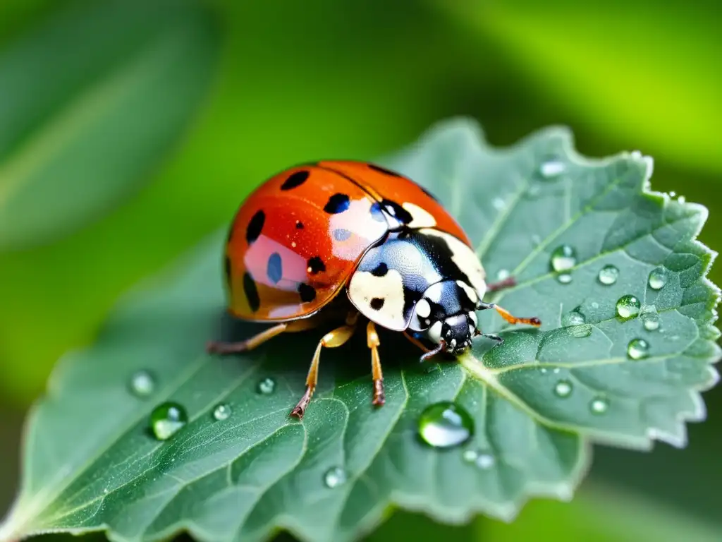 Una hermosa mariquita se posa en una hoja verde con pequeñas gotas de agua, destacando la belleza de la naturaleza