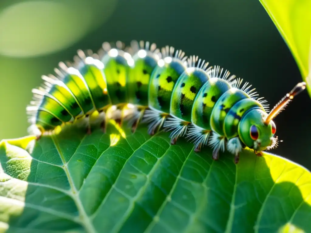 'Una hermosa oruga verde devorando una hoja bajo la luz del sol