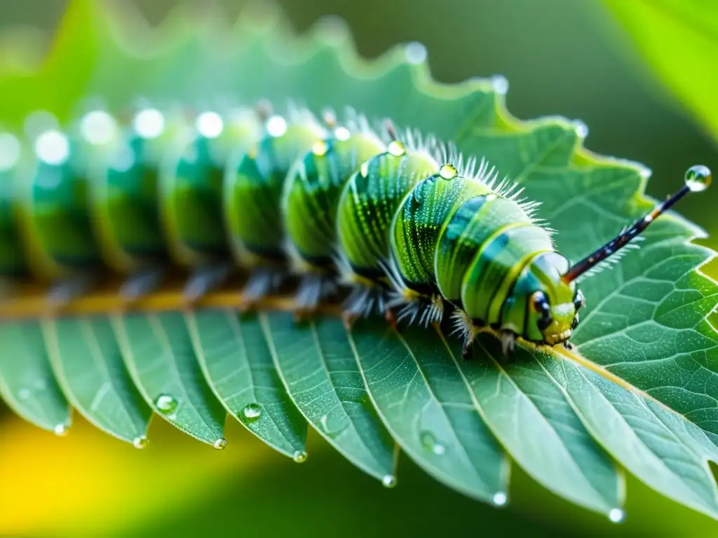 Una hermosa oruga verde avanza lentamente sobre una hoja, con gotas de agua brillando en su piel