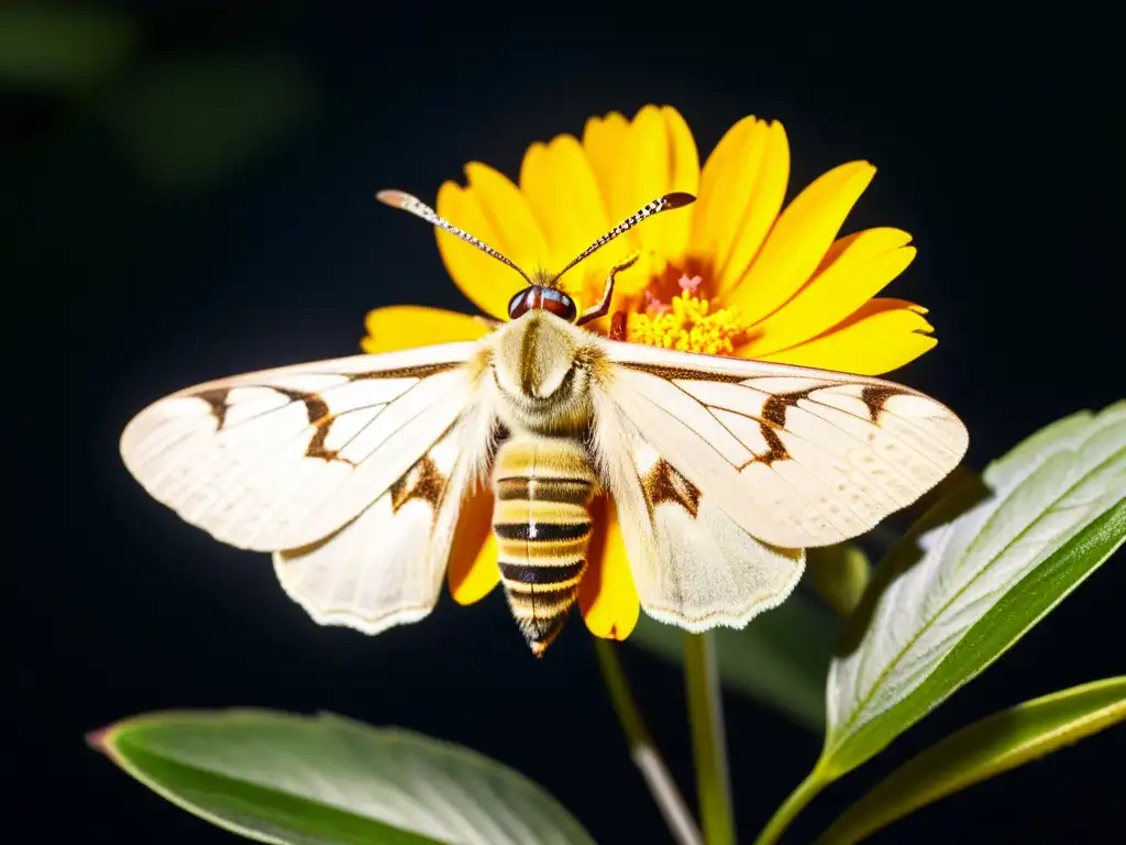 Una hermosa polilla con patrones intrincados en las alas, polinizando una exótica flor en la noche