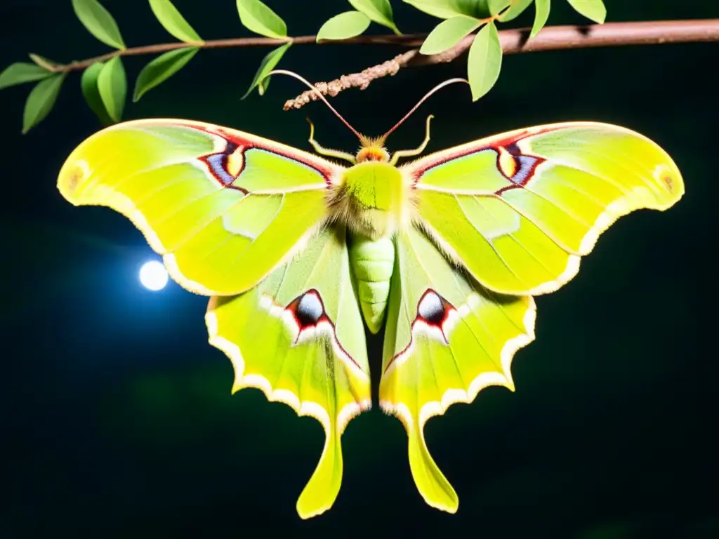 Una hermosa polilla Luna verde iluminada por la noche en un árbol, detallando sus alas