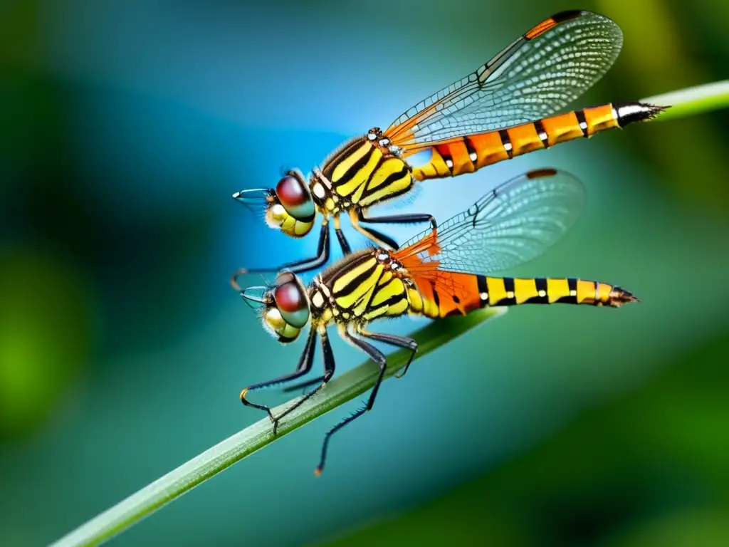 Dos hermosas libélulas en pleno apareamiento, mostrando sus estrategias reproductivas insectos en un vuelo delicado y colorido