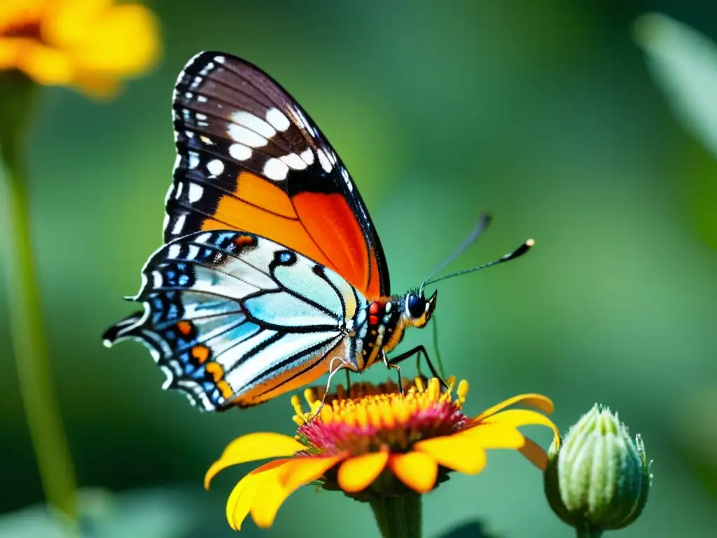 Un hermoso y detallado retrato de una mariposa posada en una delicada flor, con patrones e tonos vibrantes