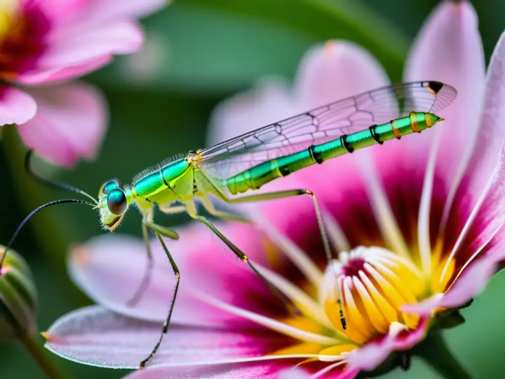 Un hermoso insecto verde con alas transparentes descansa en un pétalo rosado