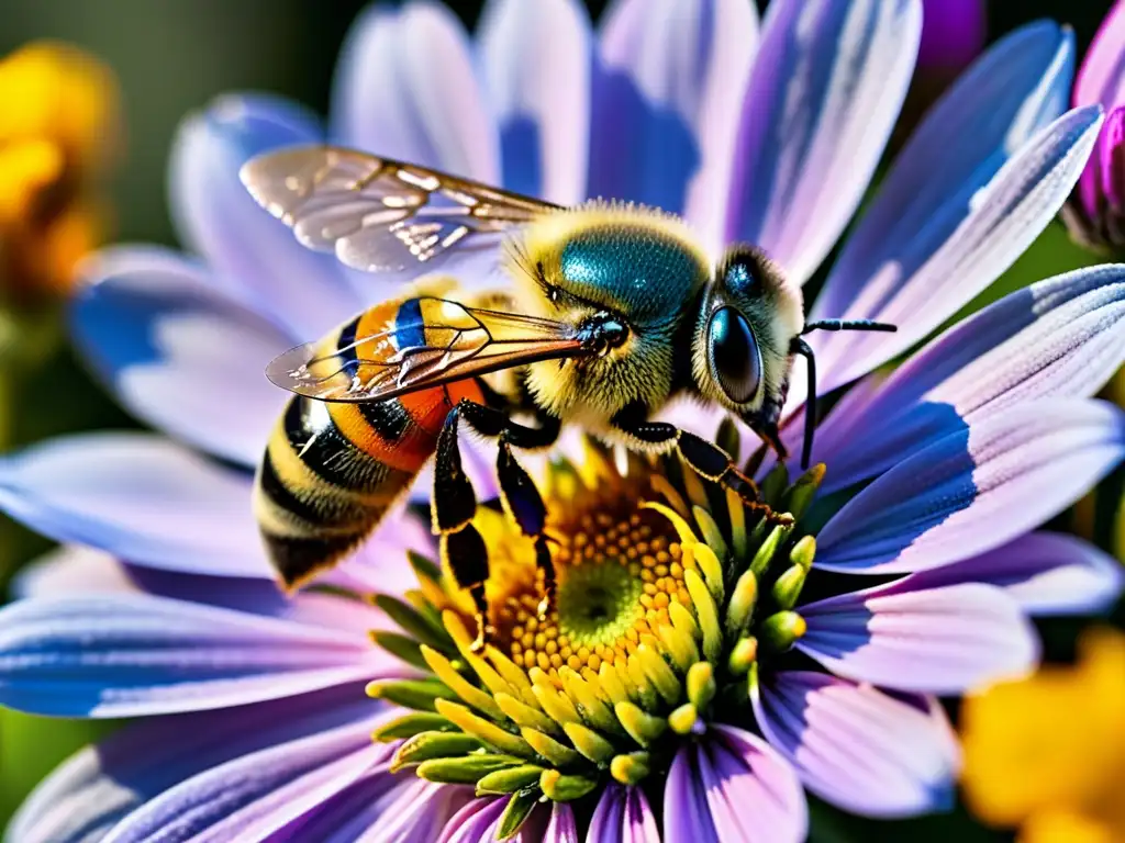 Un hermoso macro de una abeja cubierta de polen, con alas delicadas en pleno vuelo sobre flores coloridas