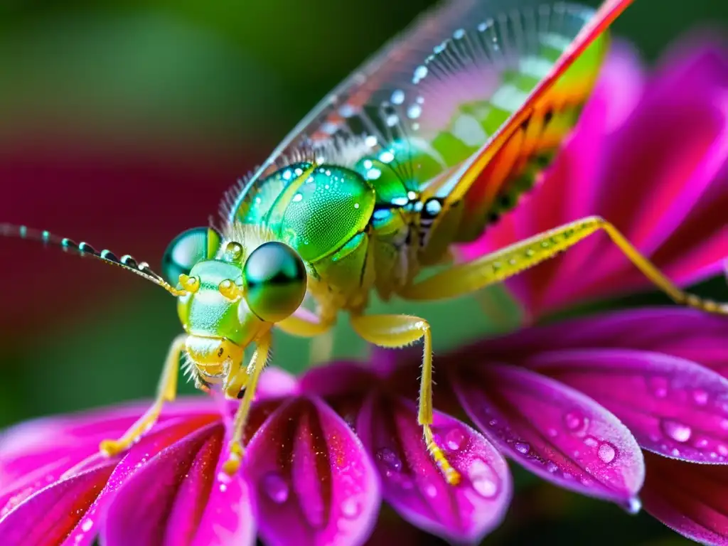 Un hermoso lacewing verde se posa en un pétalo rosa brillante, destacando la belleza natural