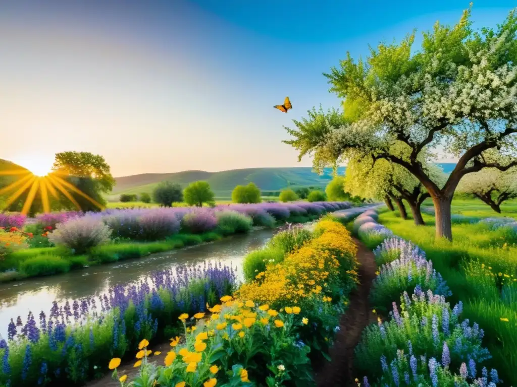 Un hermoso y vibrante huerto rebosante de vida, con árboles frutales en flor, flores silvestres y polinizadores