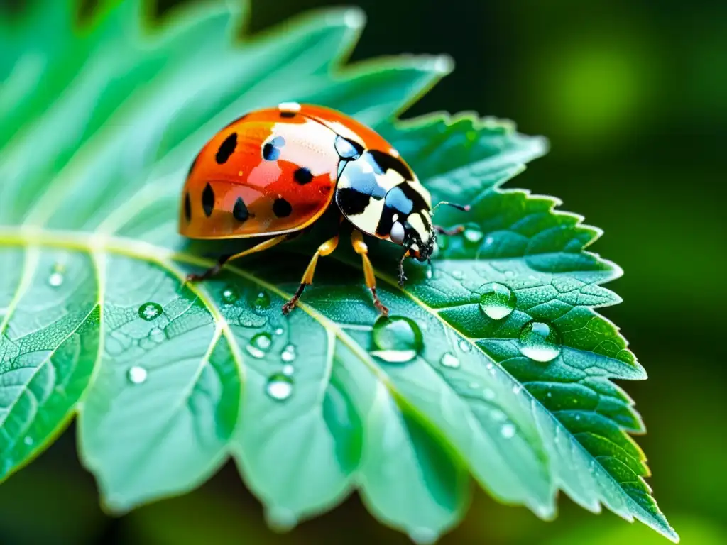 Una hoja de jardín atractivo para insectos beneficiosos, con patrones de venas y una mariquita roja y negra