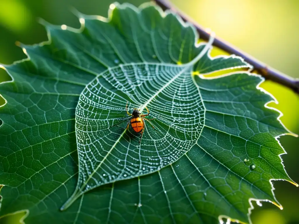 Una hoja cubierta de delicadas telarañas con insectos atrapados, mostrando el parasitismo y depredación entre insectos en su ecosistema natural