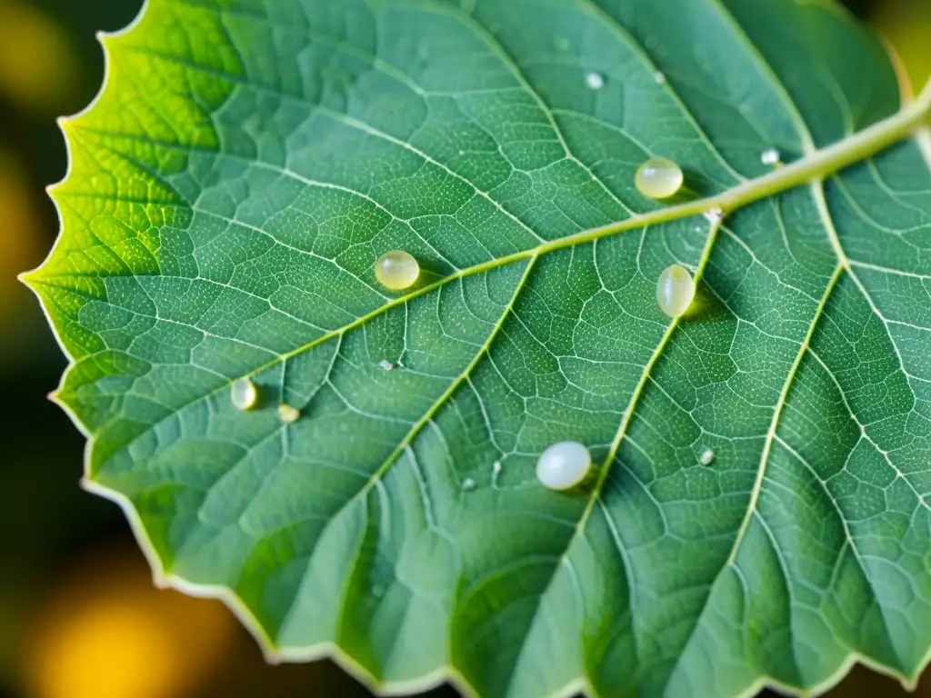 Una hoja cubierta de diminutos huevos de insectos en una imagen detallada