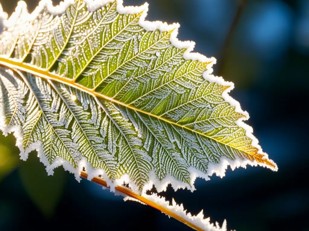 Una hoja cubierta de nieve con patrones de escarcha, reflejando la luz del sol