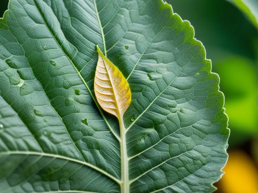 Una hoja de cultivo con signos claros de daño por plagas, resaltando el impacto del cambio climático en la gestión de plagas en los cultivos agrícolas