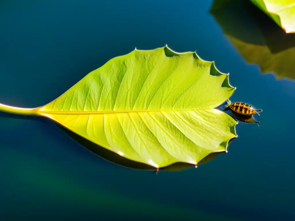 Una hoja de lirio acuático con larvas de insectos, en una relación simbiótica en un estanque