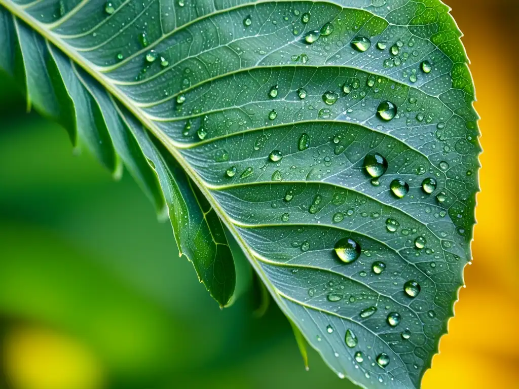 Una hoja de planta sana con gotas de agua, exudando vitalidad y belleza natural