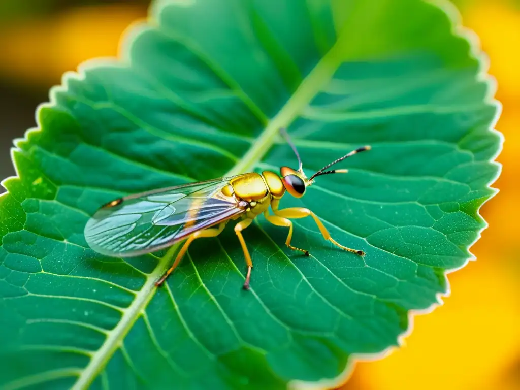 Una crisopa descansa en una hoja verde, exudando belleza natural