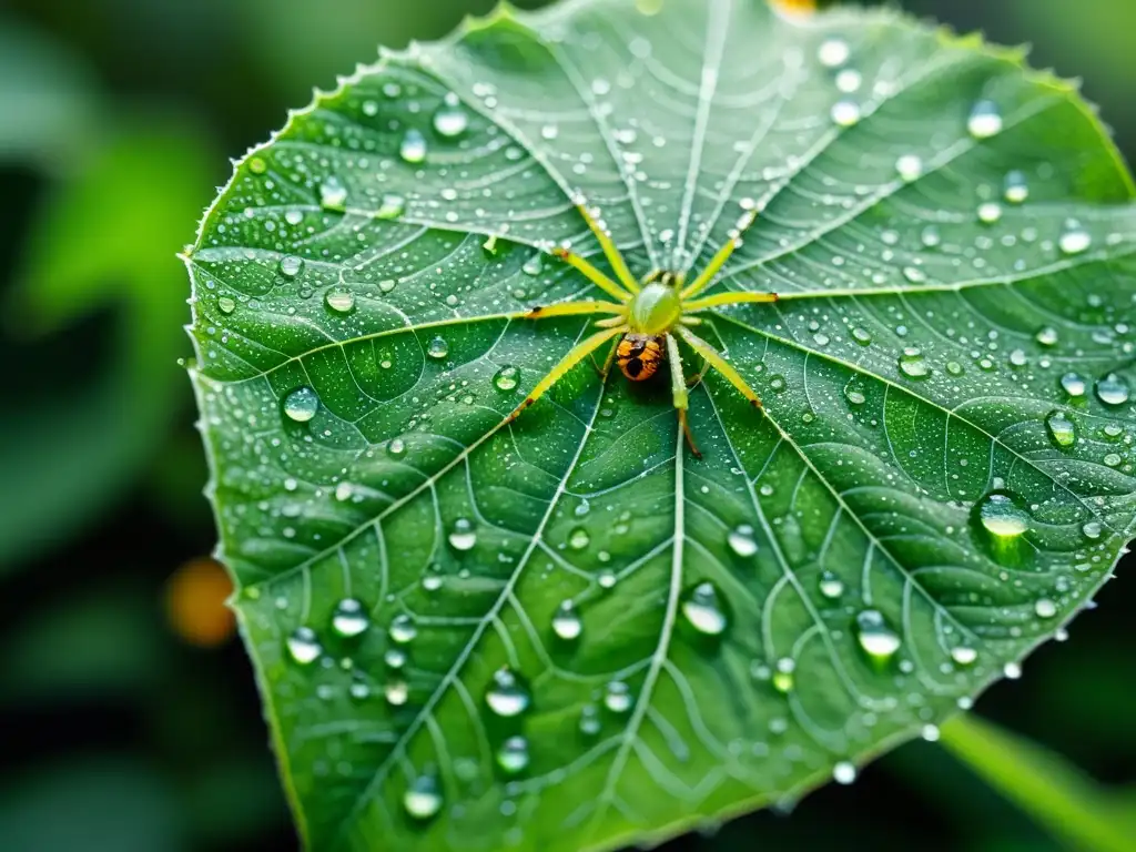 Una hoja verde brillante cubierta de gotas de rocío con una intrincada telaraña entre las hojas