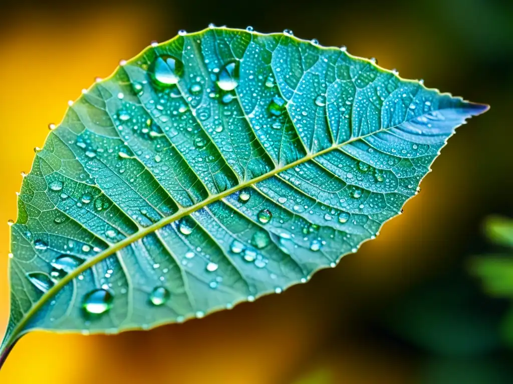 Una hoja verde cubierta de gotas de agua refleja la belleza natural