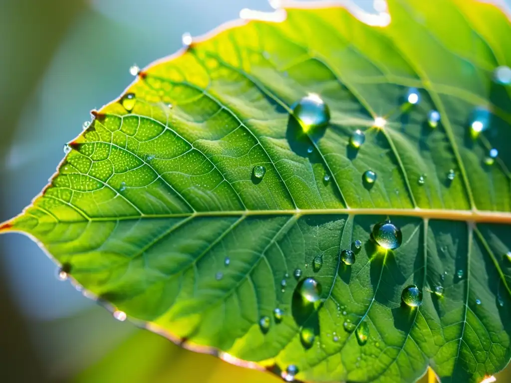 Una hoja verde cubierta de gotas de savia con insectos iridiscentes