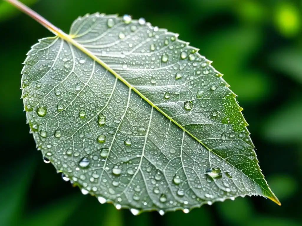 Una hoja verde cubierta de rocío y una telaraña, mostrando defensas vegetales frente a herbívoros en la naturaleza