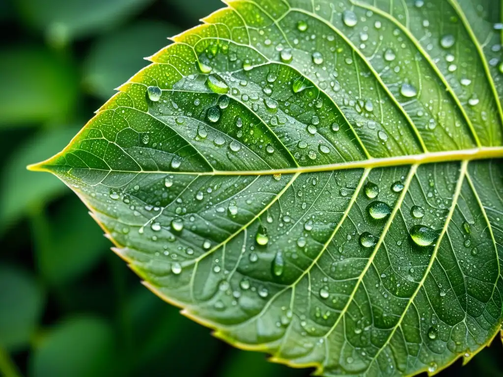 Una hoja verde con diminutas gotas de rocío resaltando su red de venas