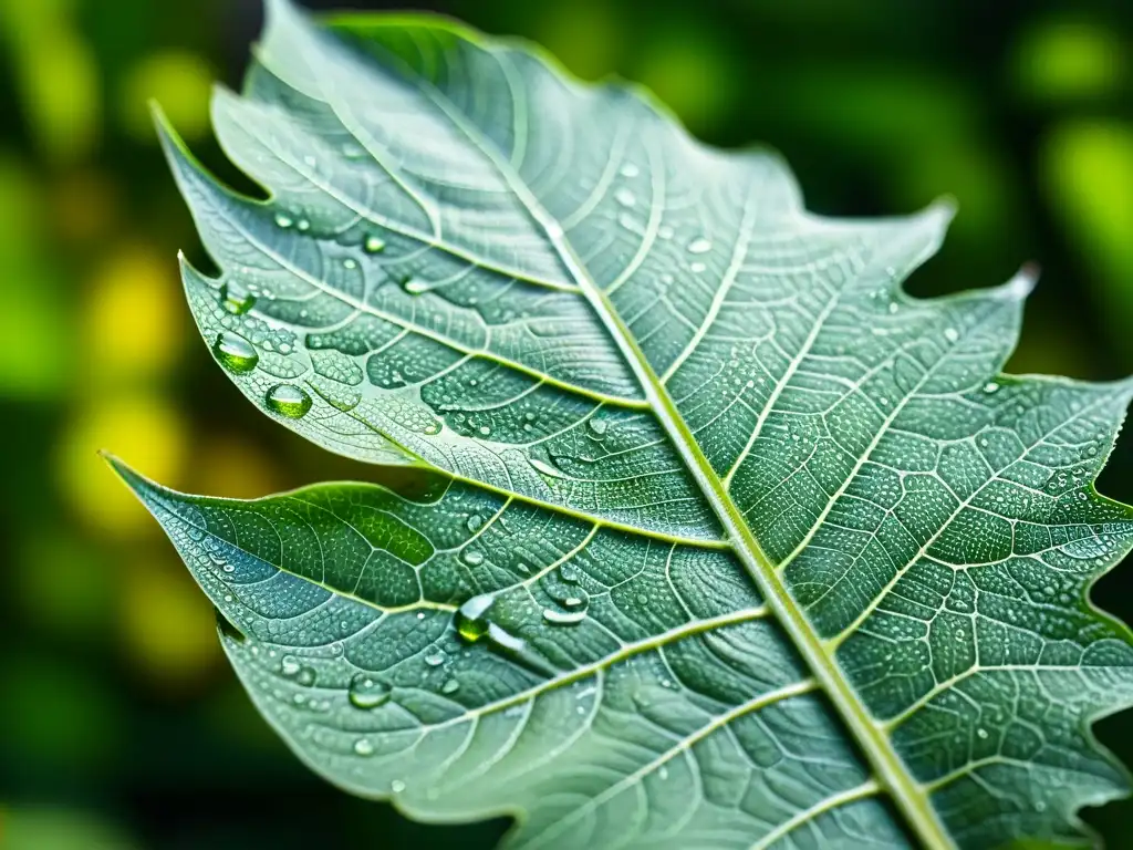 Una hoja verde con gotas de agua, mostrando la adaptación de insectos al cambio climático en un entorno natural bellamente detallado