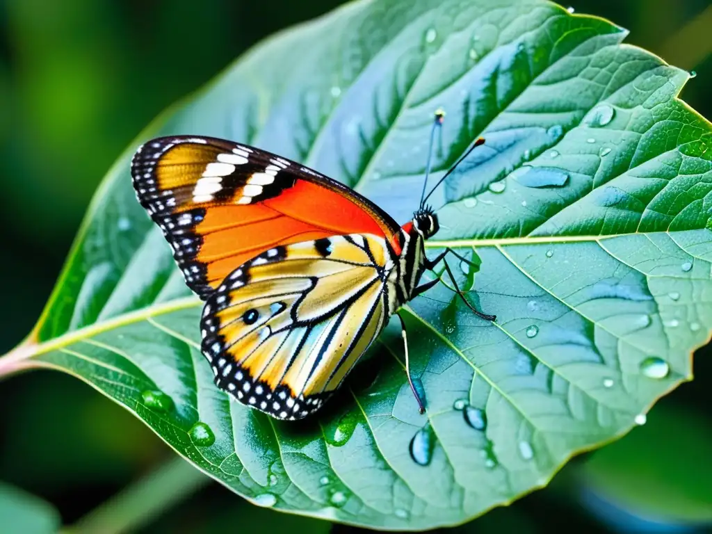 Mariposa en hoja verde con gotas de agua, bebiendo néctar de flores