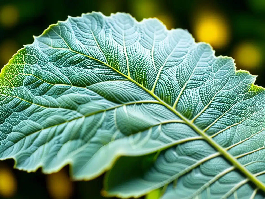 Hoja verde con huevos de insectos iluminados por el sol en el bosque