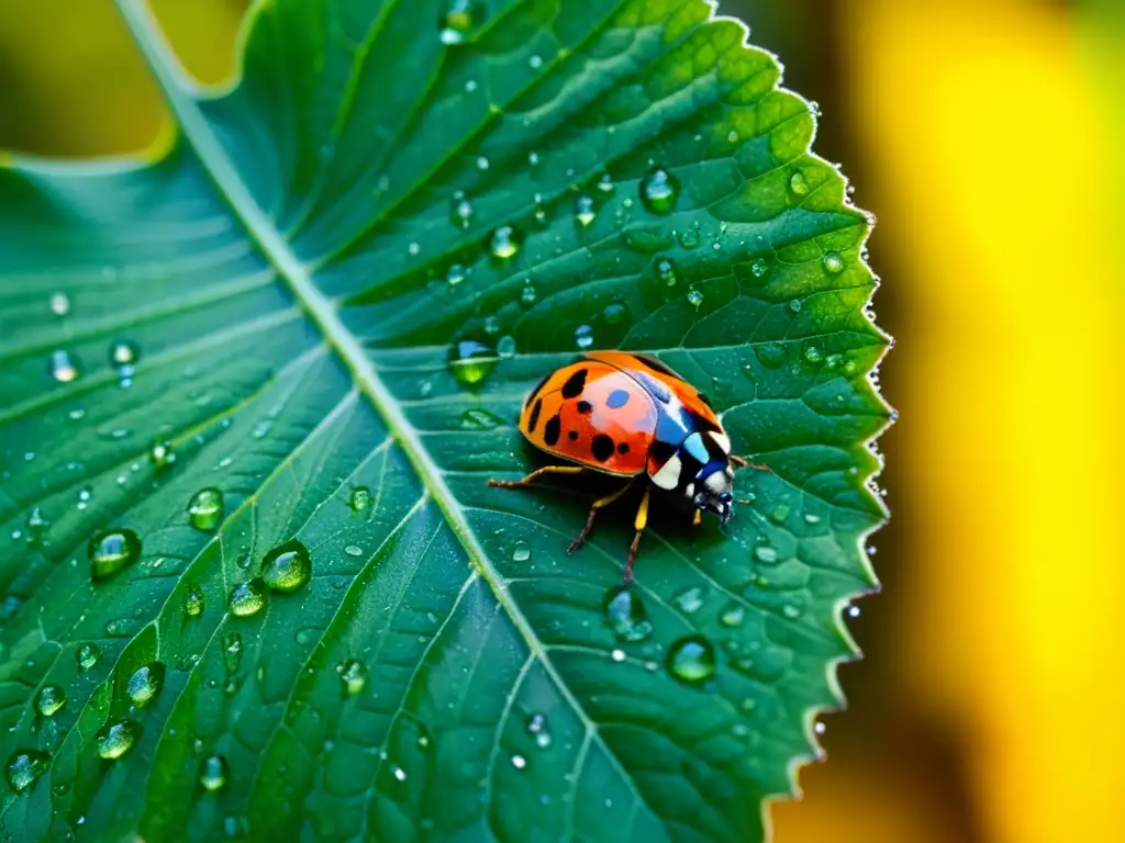 Una hoja verde llena de gotas de agua y visitada por insectos coloridos destaca la importancia de los insectos en ecosistemas