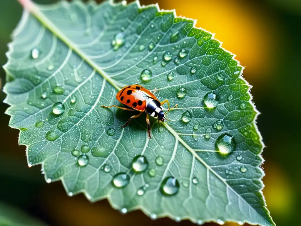 Una hoja verde llena de rocío con insectos delicados y detallados, resaltando la importancia de los insectos en la cadena alimenticia