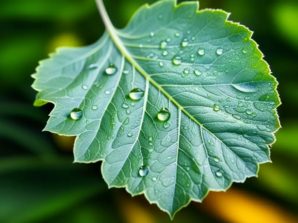 Fotografía de una hoja verde saludable con gotas de agua, mostrando sus venas y textura, rodeada de vegetación difuminada