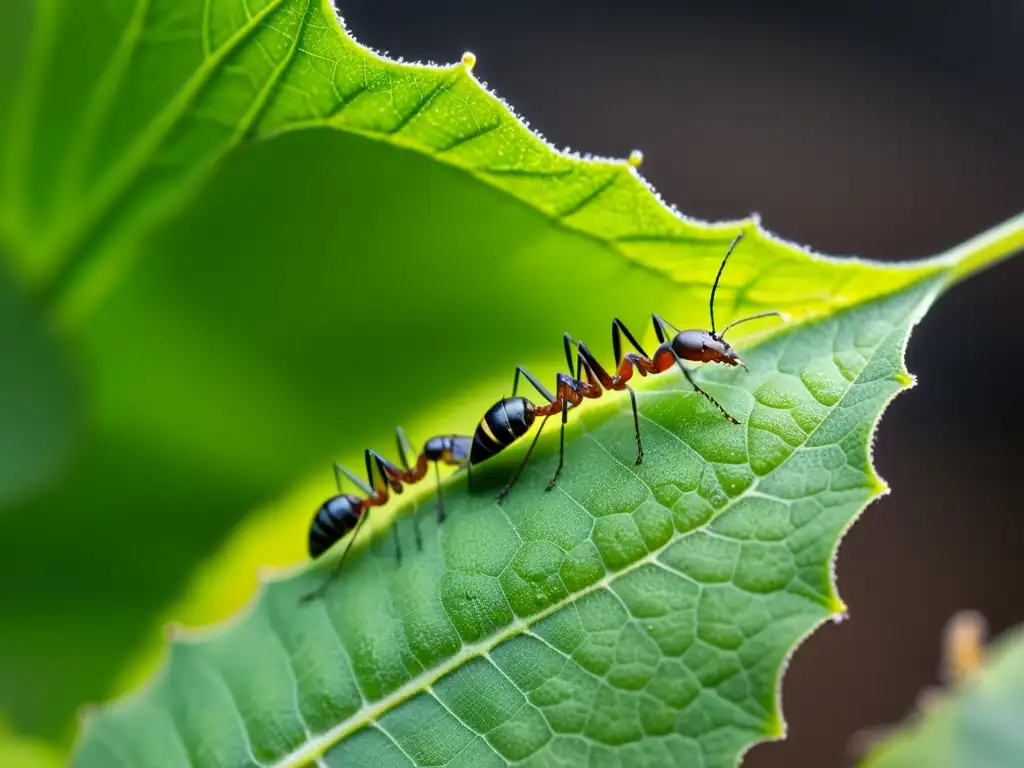 Hoja verde con simbiosis entre hormigones y hormigas, destacando la relación natural entre ambos y la belleza de la naturaleza