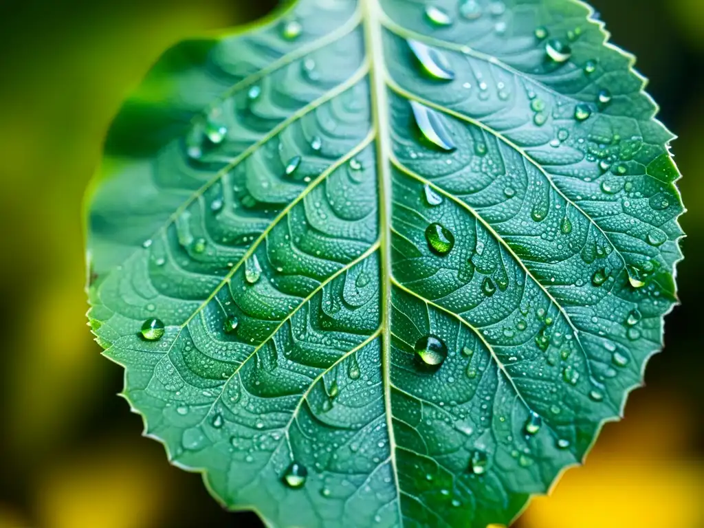 Una hoja verde vibrante cubierta de delicadas gotas de agua, reflejando la importancia de los insectos en la dispersión de semillas en la naturaleza