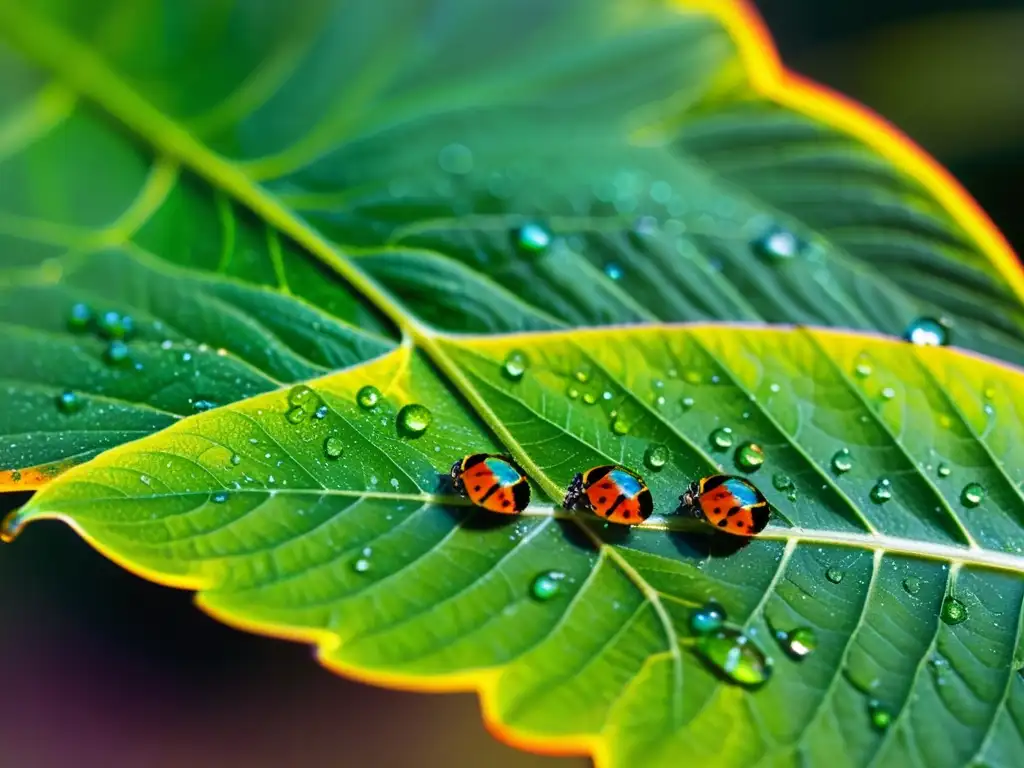 Una hoja verde vibrante cubierta de diminutas gotas de agua con insectos coloridos