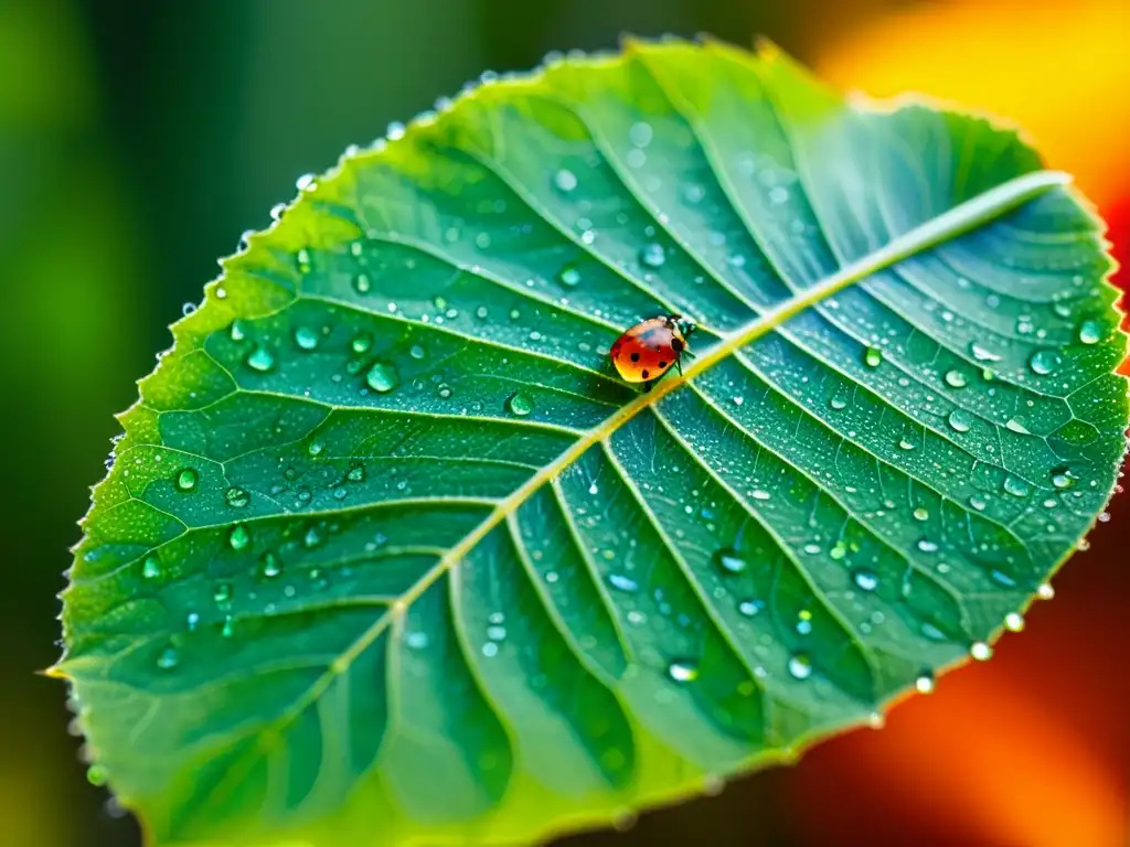 Una hoja verde vibrante cubierta de delicadas gotas de agua, resaltando la importancia de los insectos en conservación