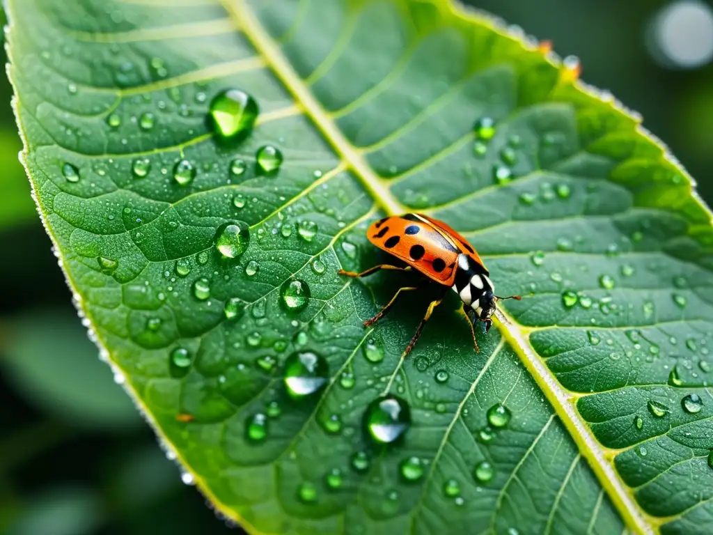 Una hoja verde vibrante cubierta de diminutas gotas de agua, con insectos coloridos como mariposas, abejas y mariquitas