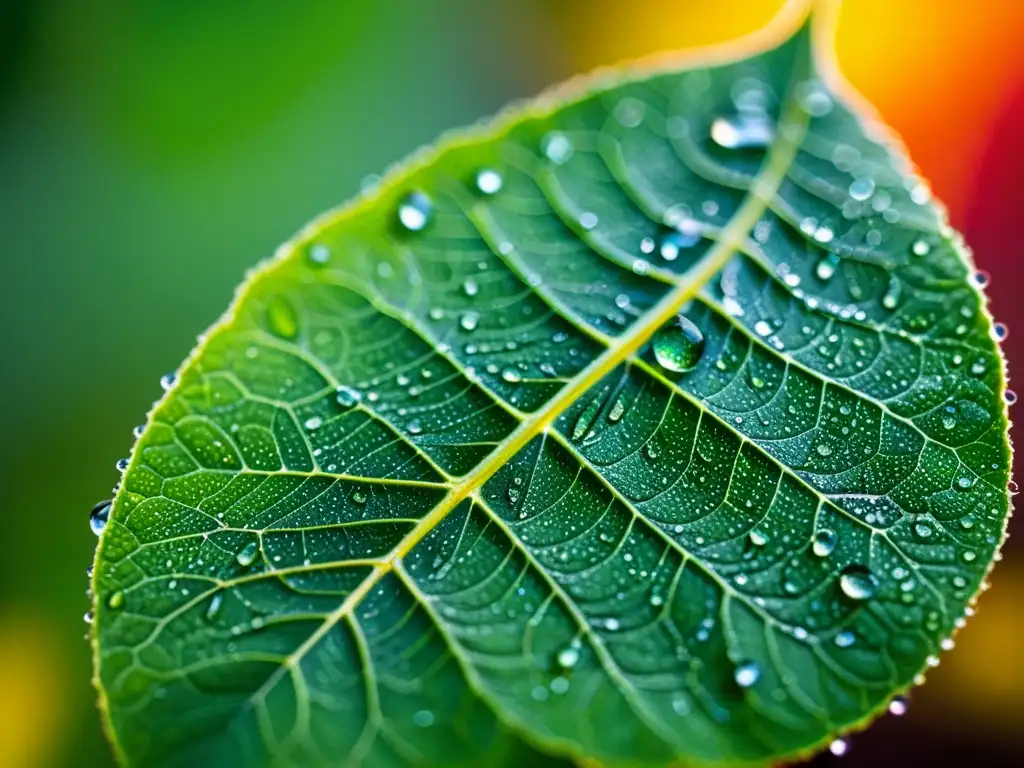 Una hoja verde vibrante cubierta de gotas de rocío que reflejan un arcoíris