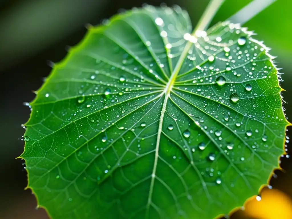 Una hoja verde vibrante cubierta de delicadas gotas de agua y una red de seda de araña, capturando la luz solar en un espectáculo deslumbrante